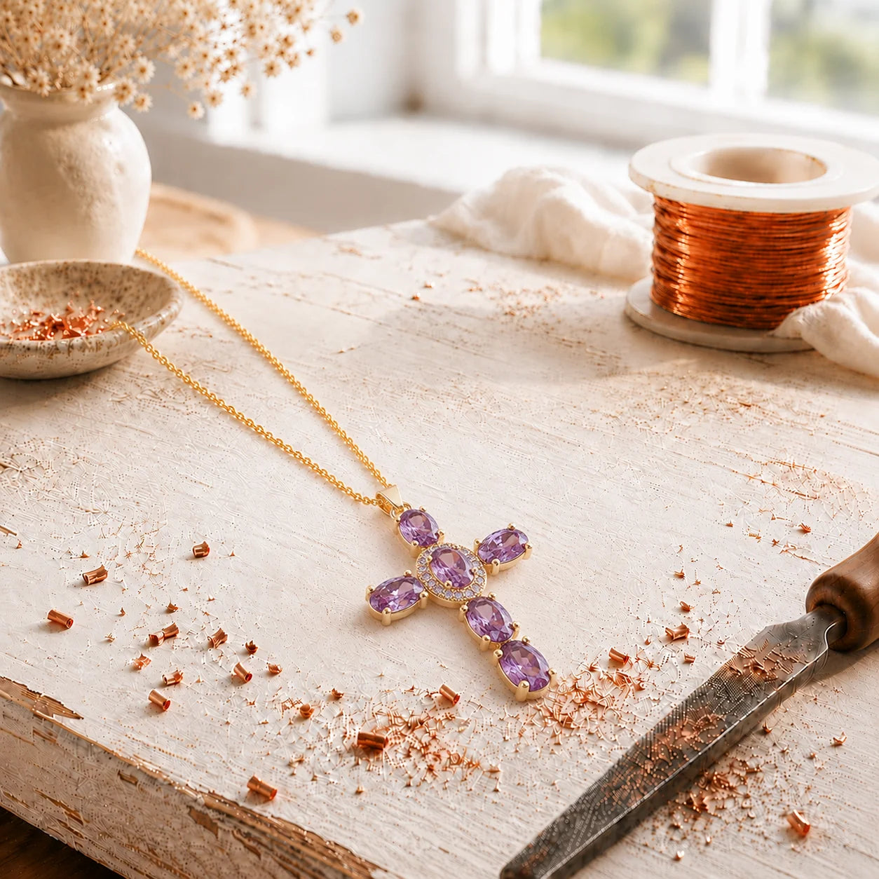 Aviora's Cross Copper Zircon-laid Pendant with Chain