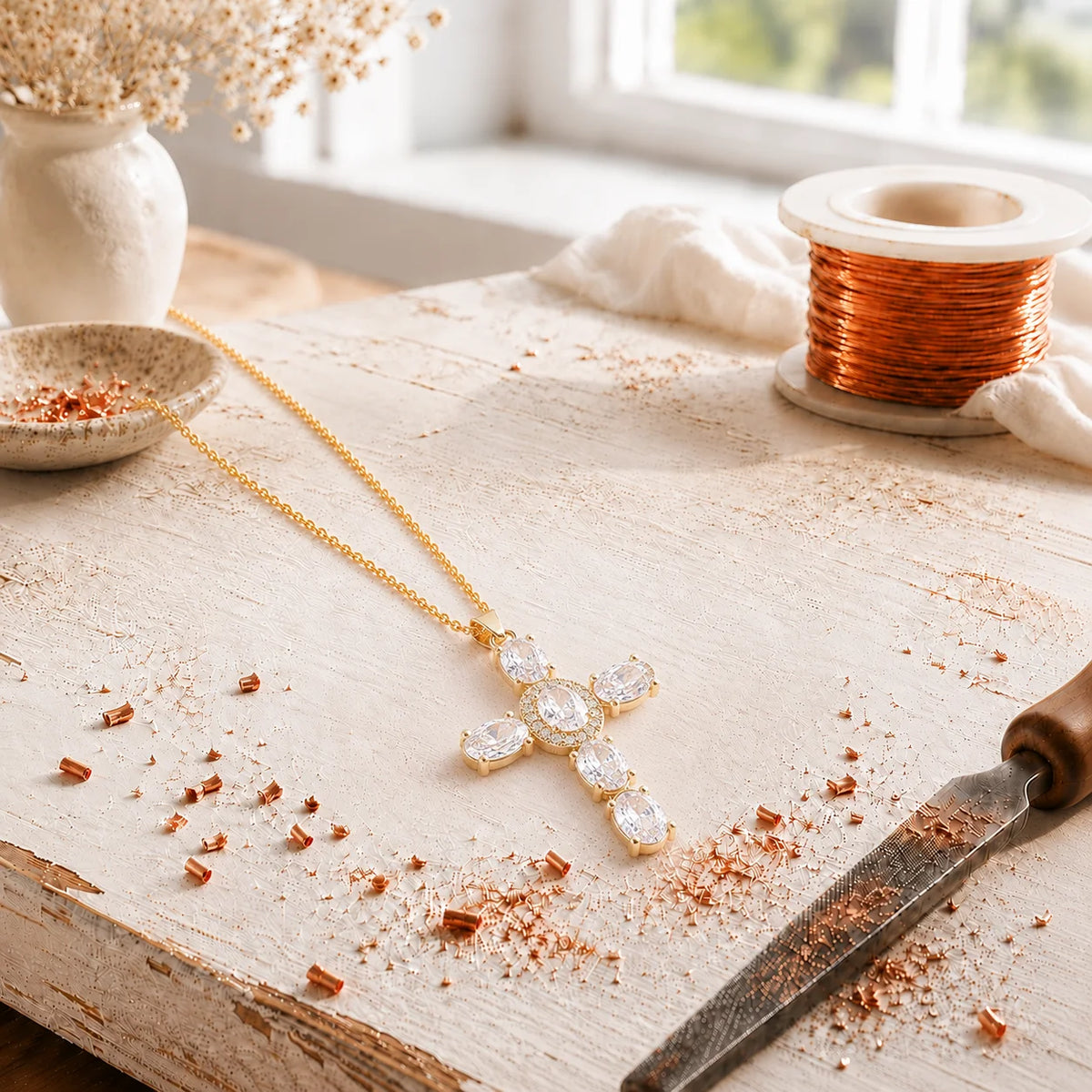 Aviora's Cross Copper Zircon-laid Pendant with Chain