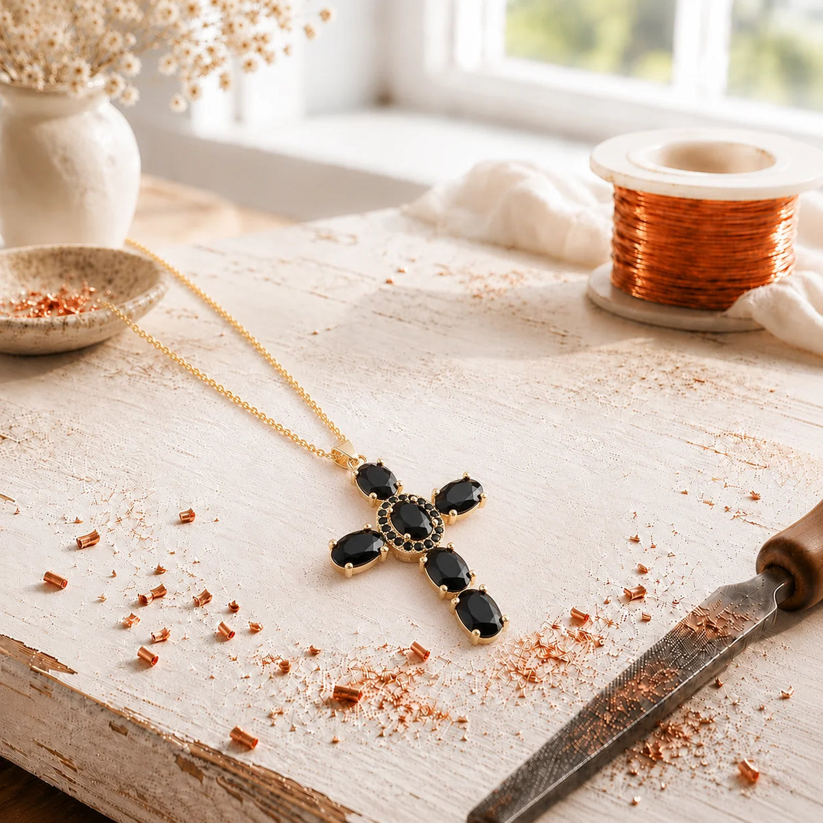Aviora's Cross Copper Zircon-laid Pendant with Chain