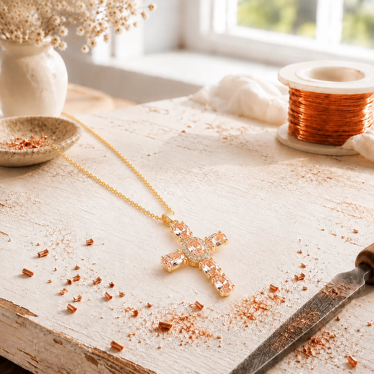 Aviora's Cross Copper Zircon-laid Pendant with Chain