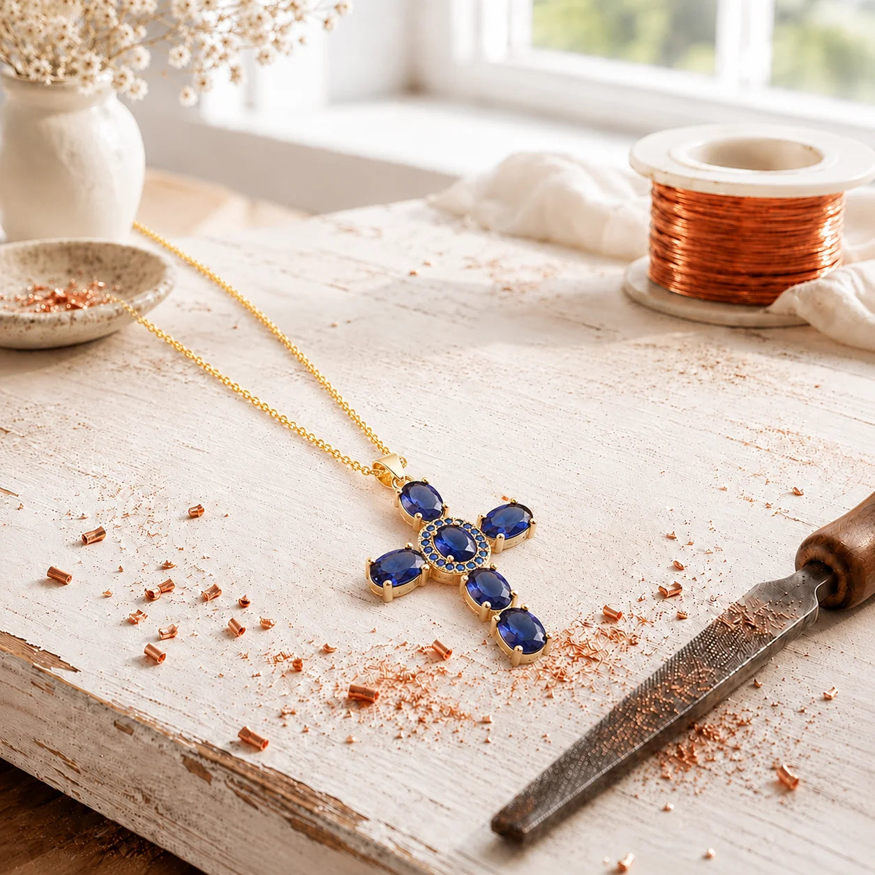 Aviora's Cross Copper Zircon-laid Pendant with Chain